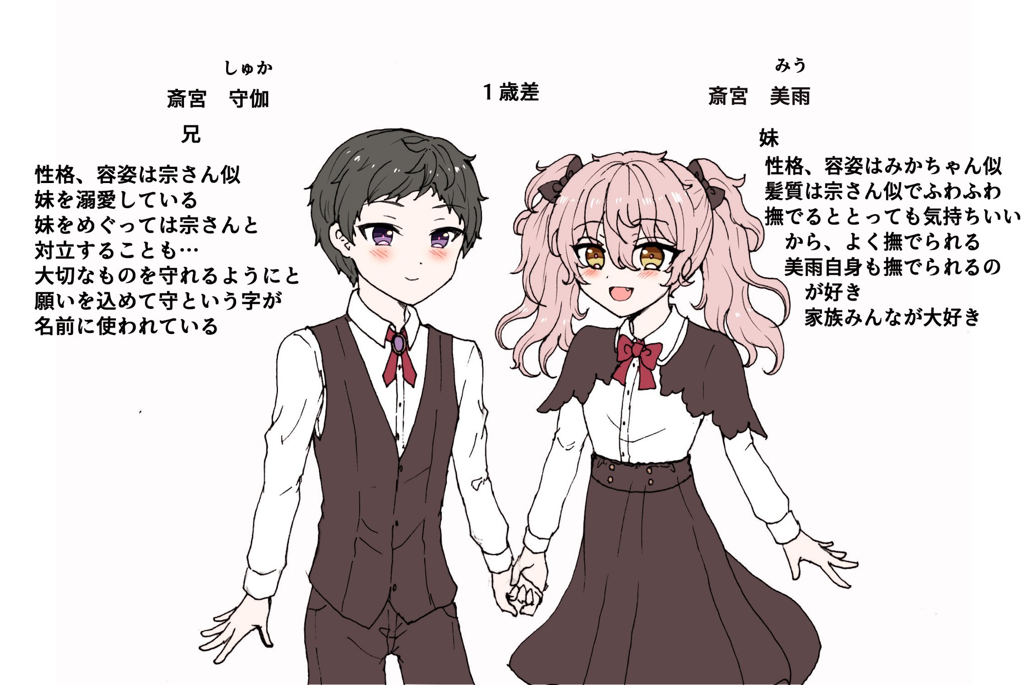 かいわれな 以前にうしおさんと話してた宗さんと両性具有みかちゃんのこどもを描いてみました 宗 さん似の男の子とみかちゃん似の女の子です 名前は しゅう さんと みか ちゃんの二人の名前を分けて しゅか と みう となっております