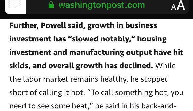 2019 Congressional hearing — pre-coronavirus — Fed Chair Powell corrects @potus and @gop lies bout America’s economy says its “notably slowed”, parts have “hit skids”