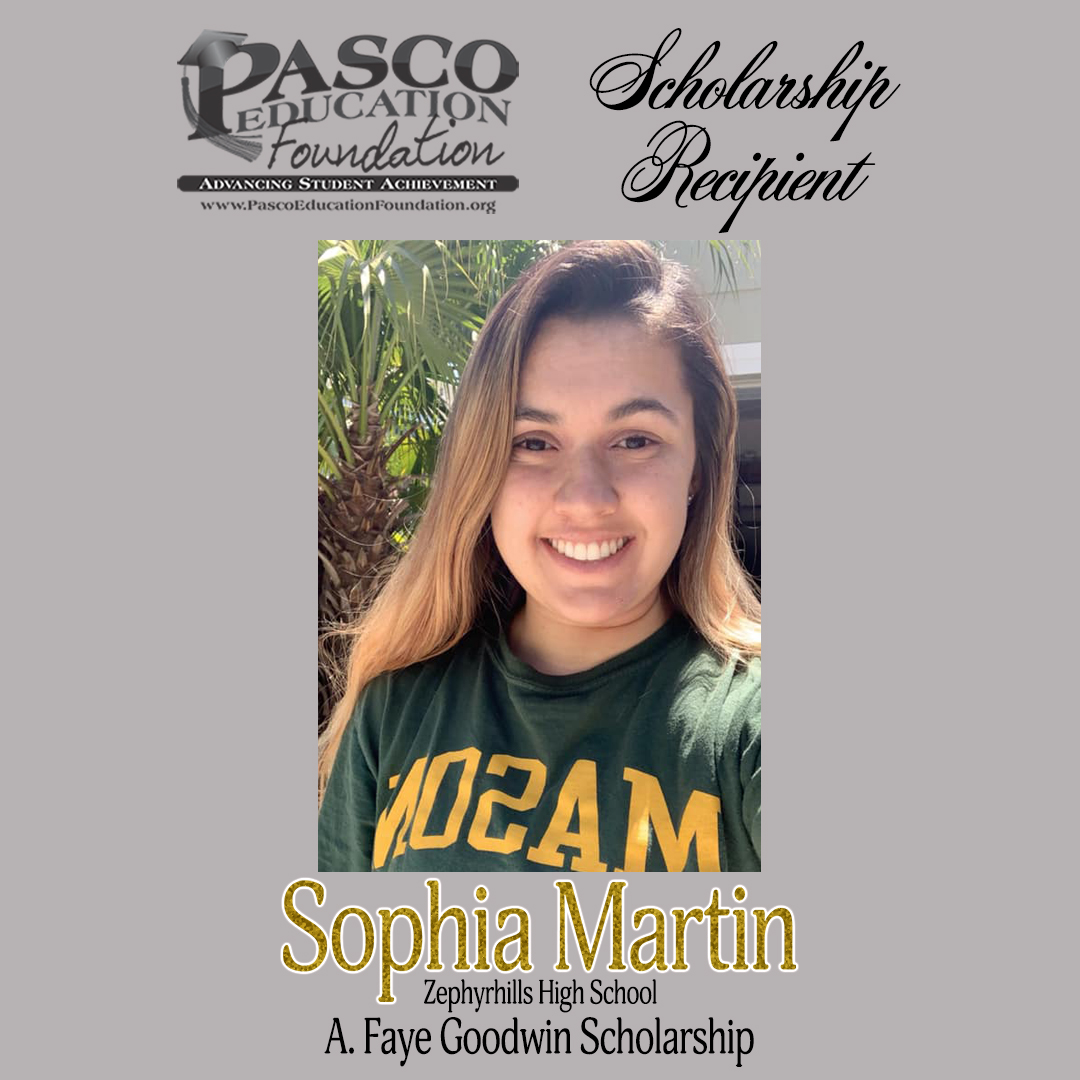 2020 Scholarship Recipient! 🎓 Congratulations to Sophia Martin from Zephyrhills High School for receiving the A. Faye Goodwin Scholarship. 🏅 #2020PEFScholarships #PascoProud #ZHS #co2020
View her bio and all of our recipients here: 
ow.ly/Kkon50zRQzc