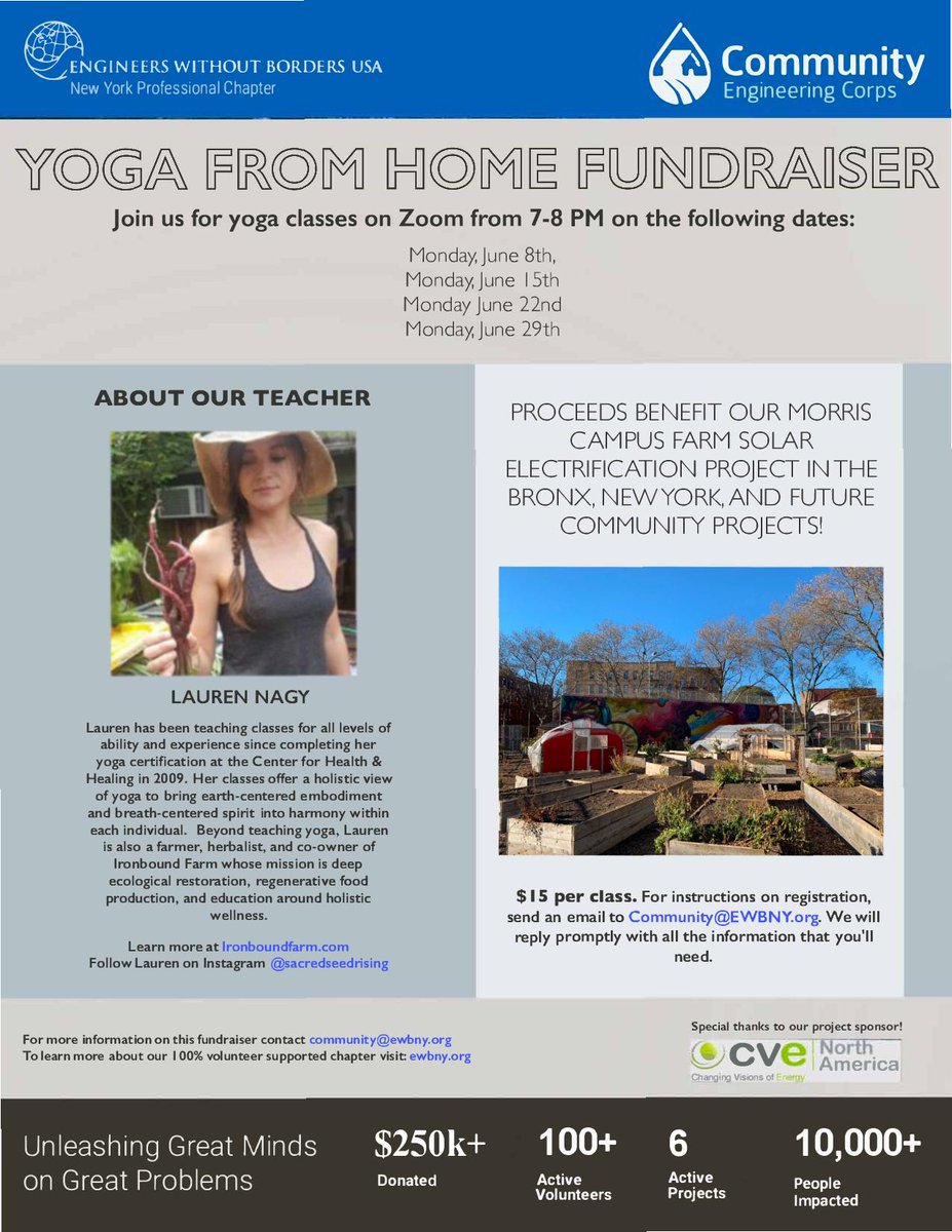 Support our Community Engineering Corps team and their Morris Campus Farm project by practicing yoga with us - from the comfort of your own home!  
#ewbny #charity #yoga