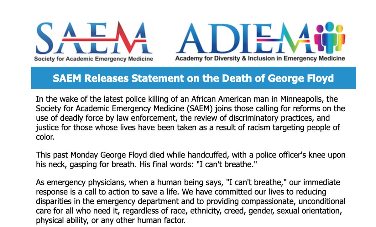 SAEM (@saemonline) on Twitter photo SAEM Releases Statement on the Death of George Floyd. Read Now: ow.ly/mqwz50zU6UH
<a href="/SAEM_ADIEM/">SAEM ADIEM Academy</a> SAEM Releases Statement on the Death of George Floyd. Read Now: ow.ly/mqwz50zU6UH
<a href="/SAEM_ADIEM/">SAEM ADIEM Academy</a>