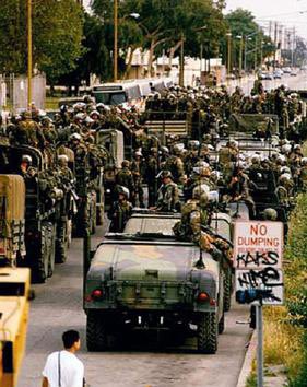 Rodney King Riots, Los Angeles, 1992“Unrest began in LA after a trial jury acquitted four officers of the Los Angeles Police Department (LAPD) for usage of excessive force in the arrest and beating of Rodney King, which had been videotaped and widely viewed in TV broadcasts.”