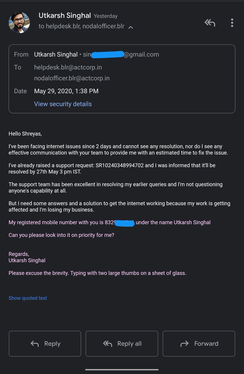 utkarsshhh's tweet photo. @ACTFibernet Can you please look into the internet issue @ACTFibernet that I've been facing since 27th May? Your support team is disconnecting my calls when I ask for confirmation that the issue is gonna get resolved within 24 hrs which btw they are saying since 27th may! So unprofessional!! https://t.co/RIETbU2z77