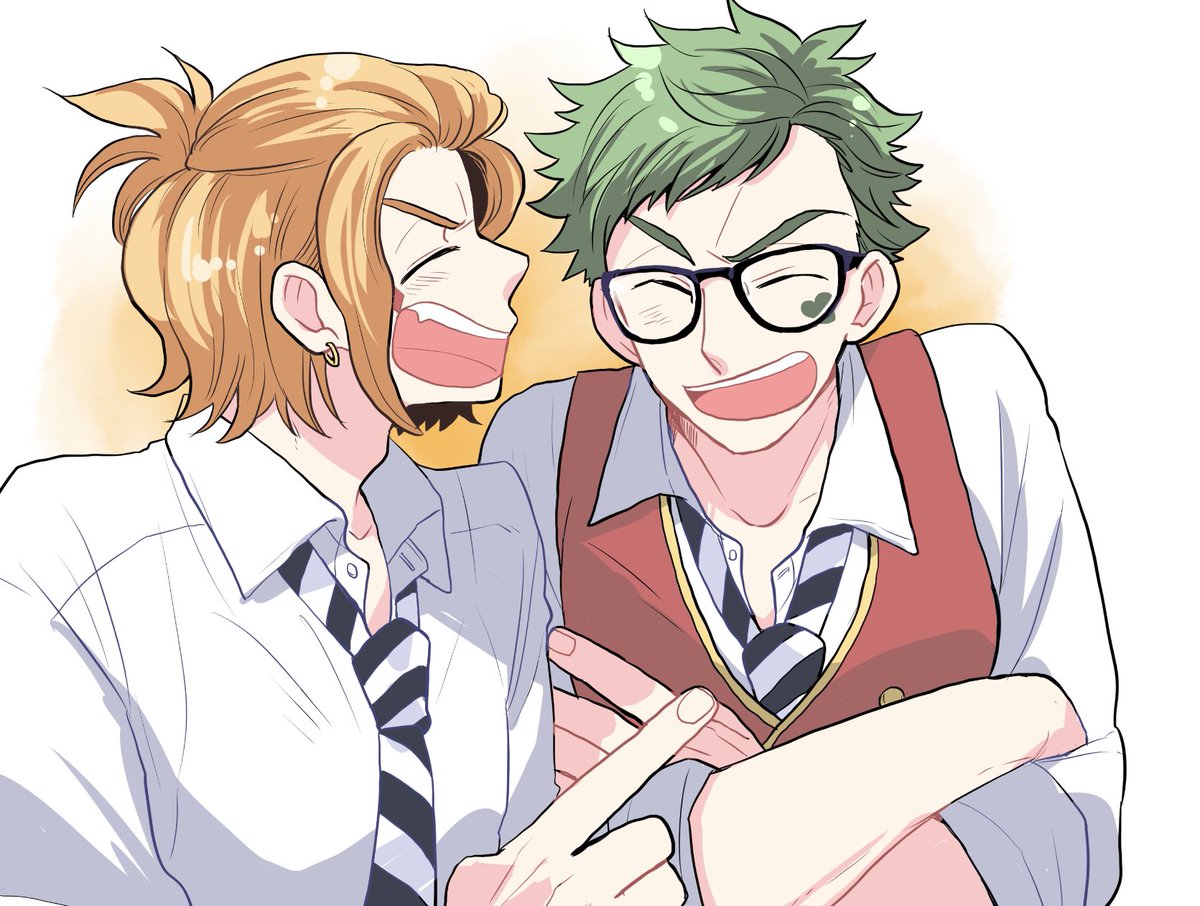 multiple boys 2boys green hair male focus necktie laughing glasses  illustration images