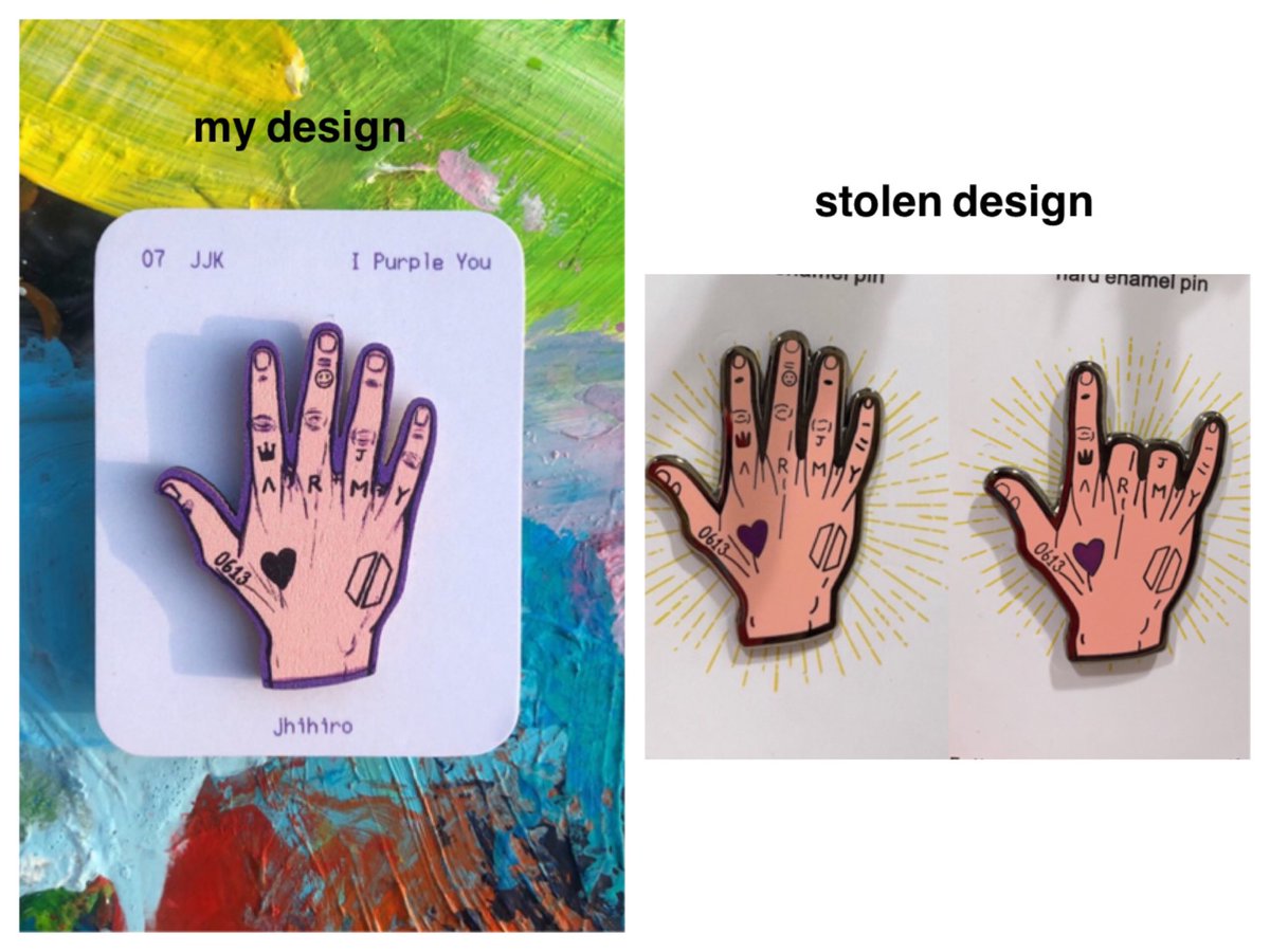 jhihiro's tweet photo. hello there's a seller @/DdaengLife who wouldn't take down a pin listing on Etsy even though it's clearly a STOLEN DESIGN from me. they took down one but not the other, claiming it's "different" even though it's the same, just the fingers cropped out. 😭 https://t.co/Hp3OM6fCzl