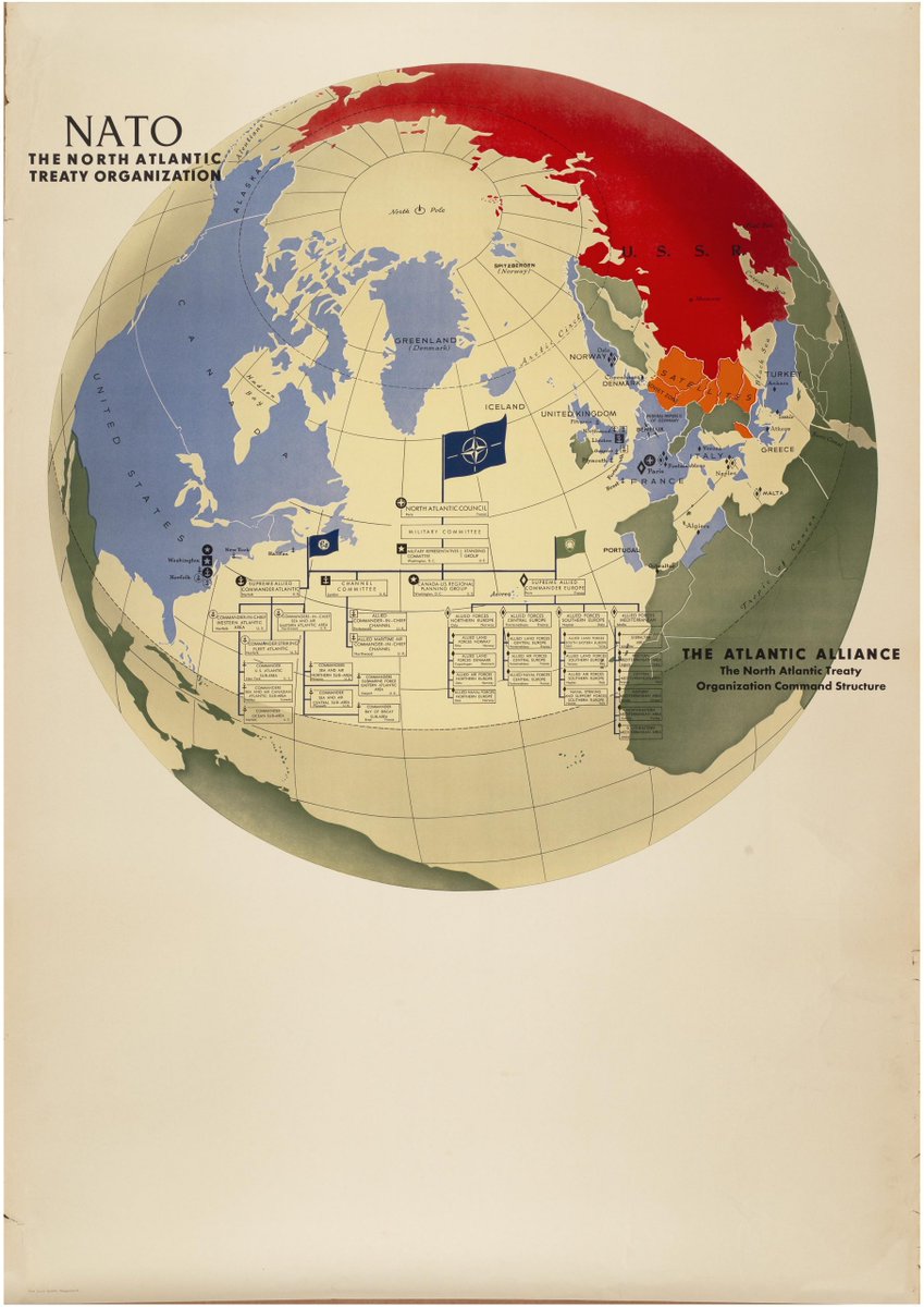bostonraremaps's tweet photo. A rare and rather spectacular map of the NATO alliance, depicting member states in blue, the Soviet Union in red, and its satellites in orange. #NATO #map #maps #mapsareweapons #oldmap #oldmaps #raremap #raremaps https://t.co/dkIPERZnAp https://t.co/f1tkV5cBBi
