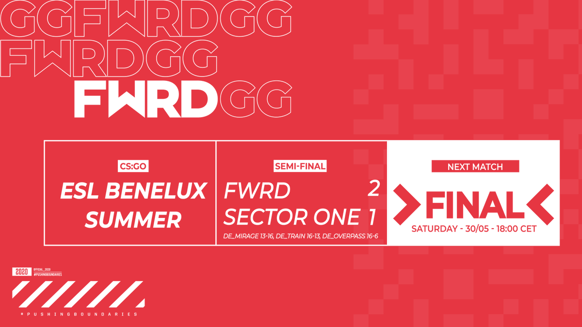 fwrdgg's tweet image. We close out the decider map with great performance and move into the finals of @ESLBenelux! Our opponent will be determined in the second semi final between @thelowlandlions and @TenerifeTitans 
GGWP to @sectoroneeu! You made it really hard for us💪#pushingboundaries