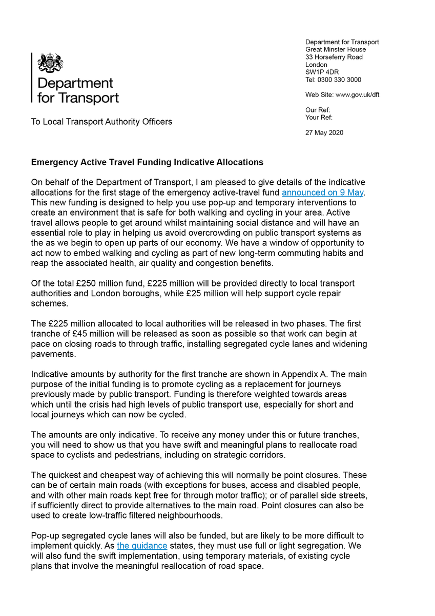 . @transportgovuk has written to local authorities, detailing how they can access £225m emergency funding for pavement widening, new cycle lanes and road closures.We’ll touch on its key points in follow-up tweets