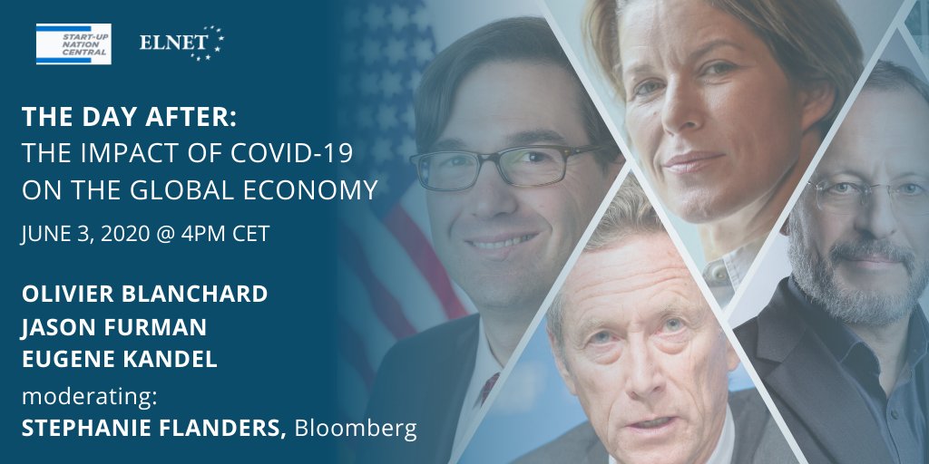 elnet_global's tweet photo. Wondering what leading economic minds think about the future of the global #economy post-#COVID_19? 

Join us and @StartUpNationHQ for an online event with Olivier Blanchard, @jasonfurman &amp; Eugene Kandel, moderated by @MyStephanomics!

Don't miss it! RSVP: https://t.co/AL952fHv70 https://t.co/mDwAP2Dcm4