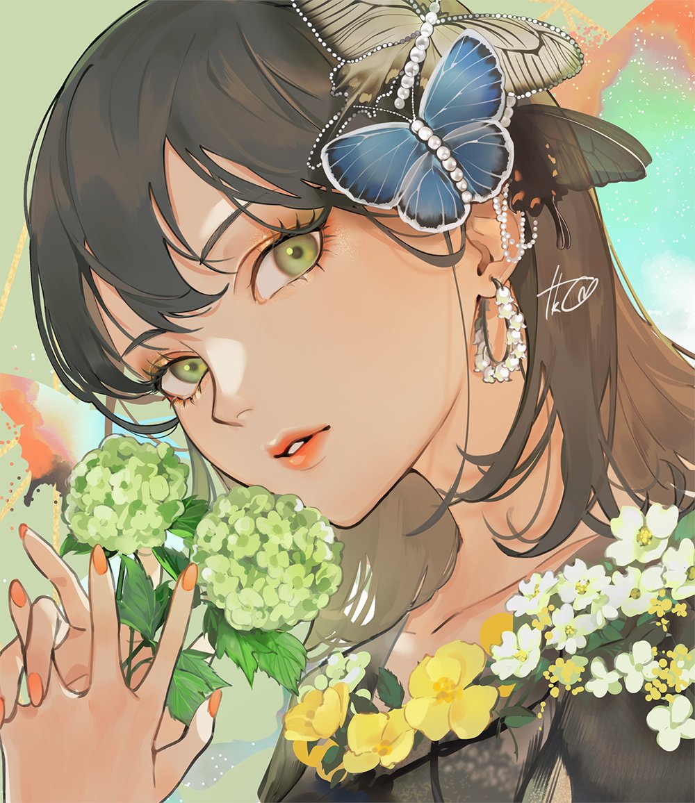 1girl solo flower jewelry earrings green eyes butterfly hair ornament  illustration images