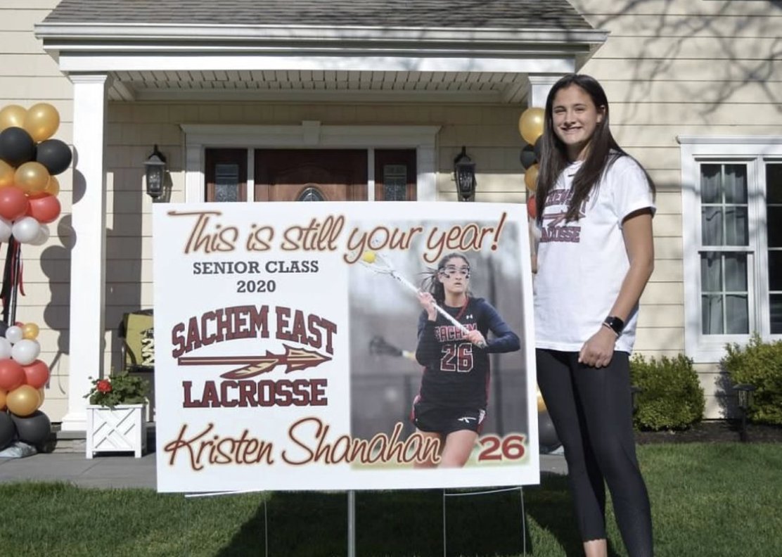SachemSchools's tweet photo. Sachem student-athlete senior day/night were not the same this year, but equally as special. This is Sachem East's Kristen Shanahan, a senior lacrosse player headed to Notre Dame, enjoying the love shown to her by friends, family and her local fire department. #GoArrows https://t.co/mEfOl70Nfq