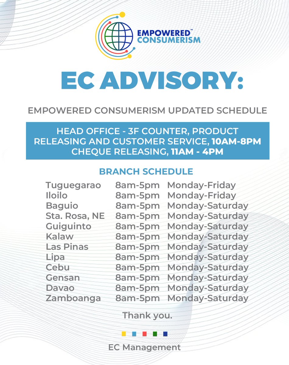 ec_dailyupdate's tweet photo. #ECAdvisory:
Head Office and Branch Schedule | June 1-6, 2020 https://t.co/mCKYm5bbnM