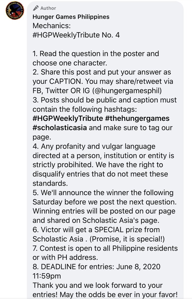 HungerGamesPhil's tweet image. For our LAST #HGPWeeklyTribute! (#4)

#TeamSnow or #TeamCoin? 

Just share/retweet/repost on FB, Twitter or IG with your answer to join and get a chance to win our SPECIAL prize from Scholastic Asia! 

FULL mechanics below! 

#thehungergames #ScholasticAsia