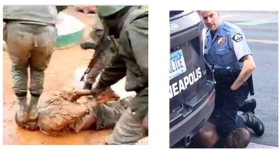 These crimes are cousins. #MinneapolisPolice (R) and #BIR of #ColonialCameroun (L) are both trained &amp; equipped by #American taxpayers. They enjoy immunity, slaughtering #Ambazonians with impunity and show that #BlackLivesMatterNot. ⁦<a href="/ACLU/">ACLU</a>⁩ ⁦<a href="/NAACP/">NAACP</a>⁩
