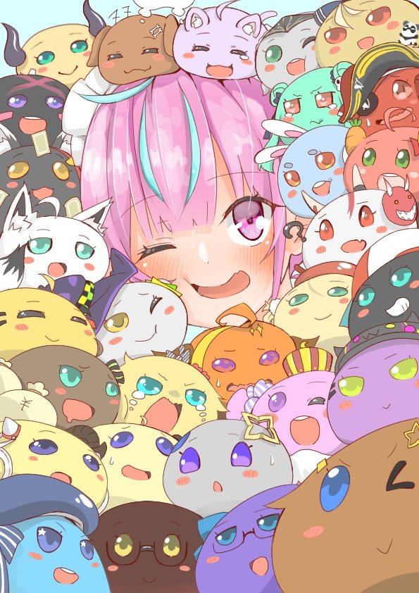 アキ・ローゼンタール ,天音かなた ,姫森ルーナ ,宝鐘マリン ,桐生ココ ,湊あくあ ,夏色まつり ,猫又おかゆ ,白上フブキ ,不知火フレア ,常闇トワ ,癒月ちょこ 「#湊あくあ
#あくあーと
#ホロライブ 
あくあちゃんがYouTube登録者50」|いなずま⚓🔆のイラスト