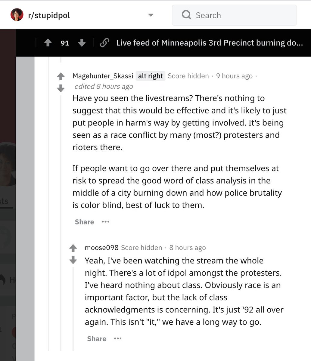 That suggestion that Black people need white "outside agitators" to guide them away towards supposedly animalistic behavior and towards critical thought and correct political action isn't unique to the far right, by the way.The dirtbag "leftists" at r/stupidpol believe it, too.