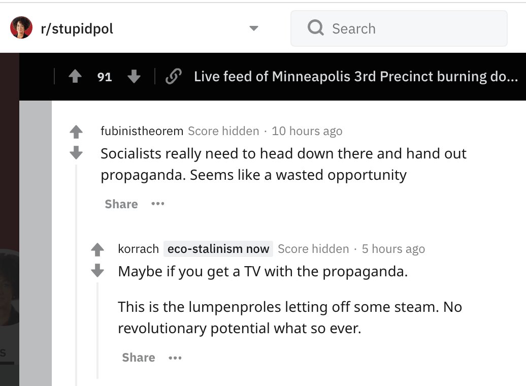 That suggestion that Black people need white "outside agitators" to guide them away towards supposedly animalistic behavior and towards critical thought and correct political action isn't unique to the far right, by the way.The dirtbag "leftists" at r/stupidpol believe it, too.