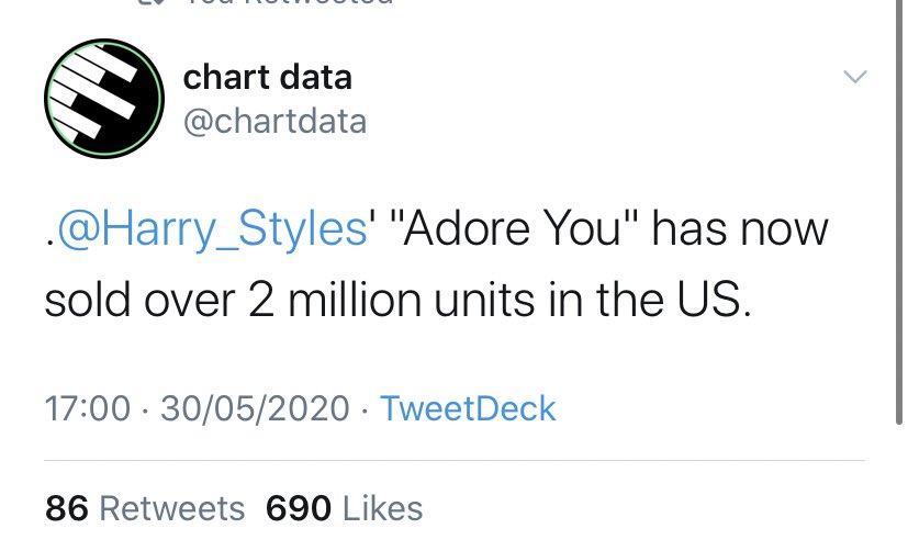 -“Adore You” has sold over 2M copies in the US, now eligible for DOUBLE platinum. -“Fine Line” spends 24th week in the top 10 of the UK official chart (#6) AND ARIA official chart Australia (#3).