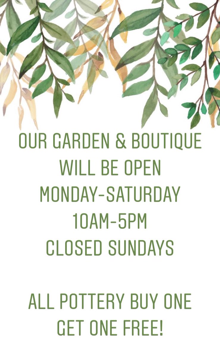 Back to our regular hours! 🌿
Monday-Saturday 10-5
Closed Sundays
Pottery buy one get one free!