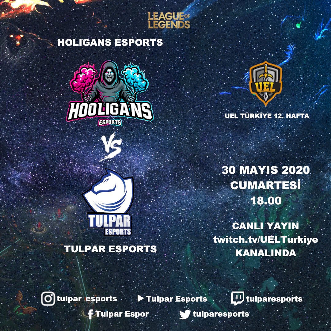 tulparesports's tweet photo. League Of Legends takımımız @UELTurkiye 12. Hafta maçına çıkıyor. 

📆 30 Mayıs 2020 Cumartesi
📺 https://t.co/noSztolq6p

🆚 Holigans Esports
⏱ 18.00

#lol #lolesports #leagueoflegends #tulparesports #tulparşahlanıyor https://t.co/tN9T4pSET1