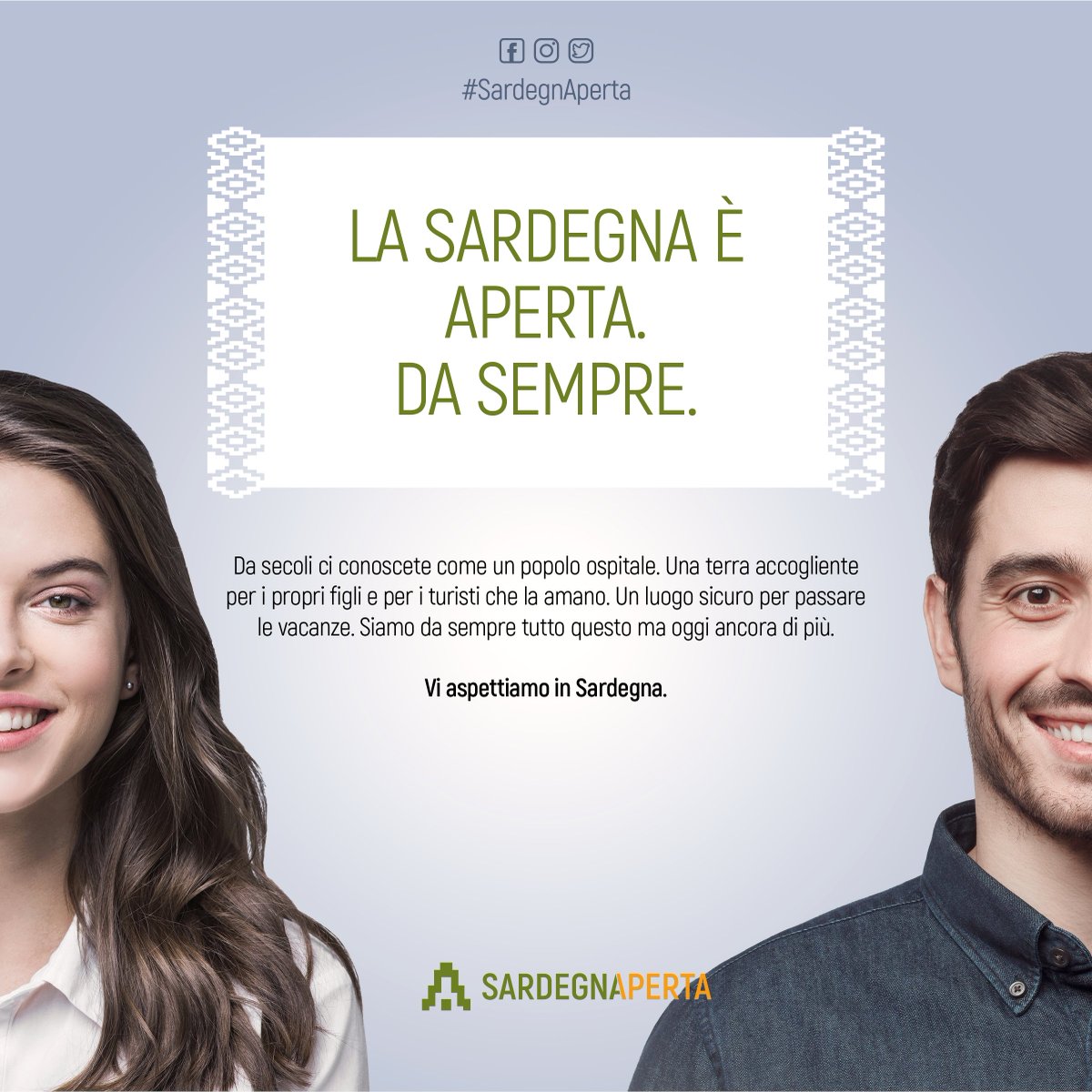 SardegnAperta's tweet photo. #SardegnAperta

Una campagna di comunicazione che racconterà la Sardegna in maniera collettiva e collaborativa con operatori e istituzioni con la finalità di rassicurare i potenziali turisti.

La Sardegna più accogliente, più sicura e ospitale di sempre. 
Oggi ancora di più. https://t.co/7QqNASKu08