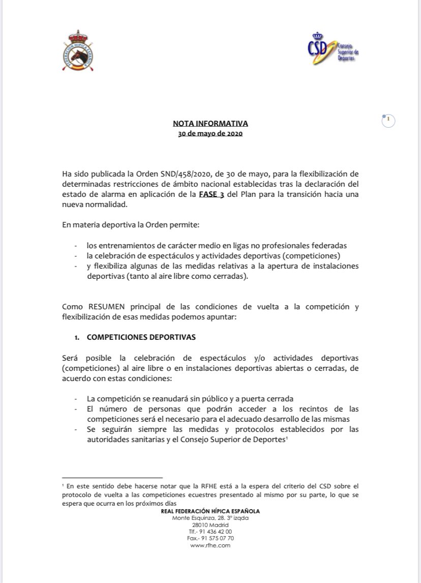 RFHE_Raid's tweet photo. NOTA INFORMATIVA: Flexibilización de determinadas restricciones de ámbito nacional establecidas tras la declaración del estado de alarma en aplicación de la FASE 3 del Plan para la transición hacia una nueva normalidad. https://t.co/sQC5JfuqTJ