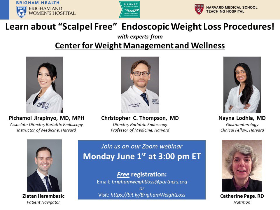 BrighamGI's tweet photo. Join experts from our Center for Weight Management and Wellness for a FREE webinar to learn about “scalpel-free” endoscopic weight loss procedures!

June 1st (Monday) at 3pm ET

To register:
https://t.co/TQHVTWqGKK
Or email: BrighamWeightLoss@partners.org

#BariatricEndoscopy https://t.co/XbOX5F6tDk