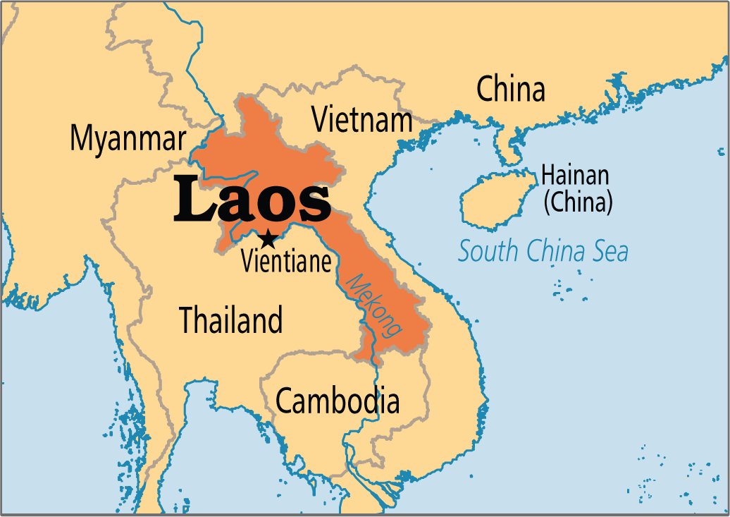 Laos is a landlocked country in Southeast Asia. It's bordered by China to its north, Vietnam to its east, Cambodia to its south and Thailand and Myanmar to its west.The Mekong river starts in Tibet, China and flows through Southeast Asia before mixing in the South China Sea.