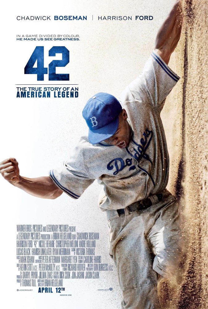 • 42 • Je pense on a tous entendu parler au moins une seule fois du célèbre Jackie Robinson. C’est une biopic du premier joueur de baseball afro-américain à avoir évolué en Ligue Majeure, et sur son contrat avec les Brooklyn Dodgers qui marqua l'histoire.