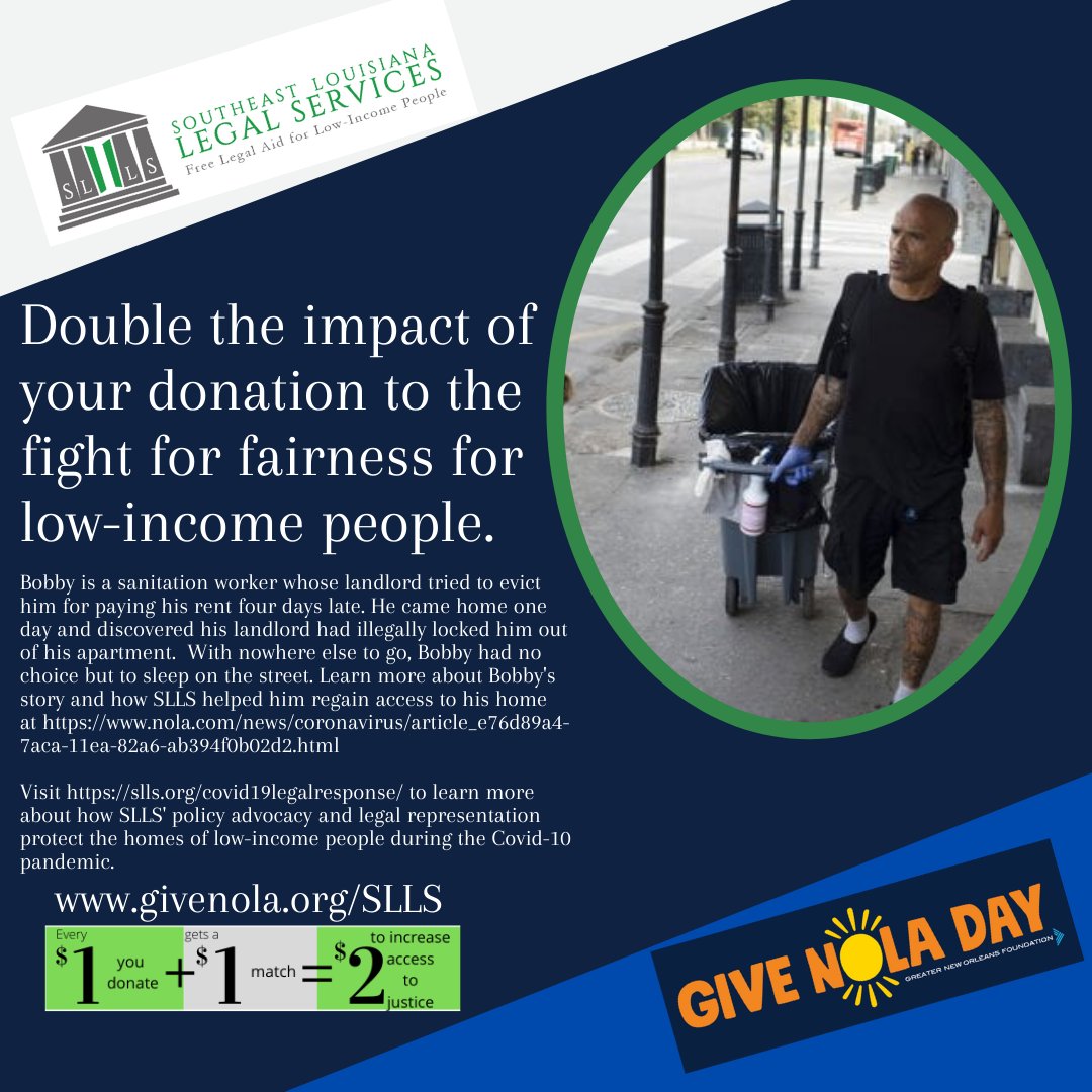Donate at ow.ly/EvyE50zQNTK through 6/2 to join the SLLS COVID-19 Legal Relief Fund. Read how our supporters fight the short- and long-term social, economic, and health impacts of #Covid-19 and protecting #tenants like Bobby this #GiveNola Day at ow.ly/YPQH50zQNTJ.