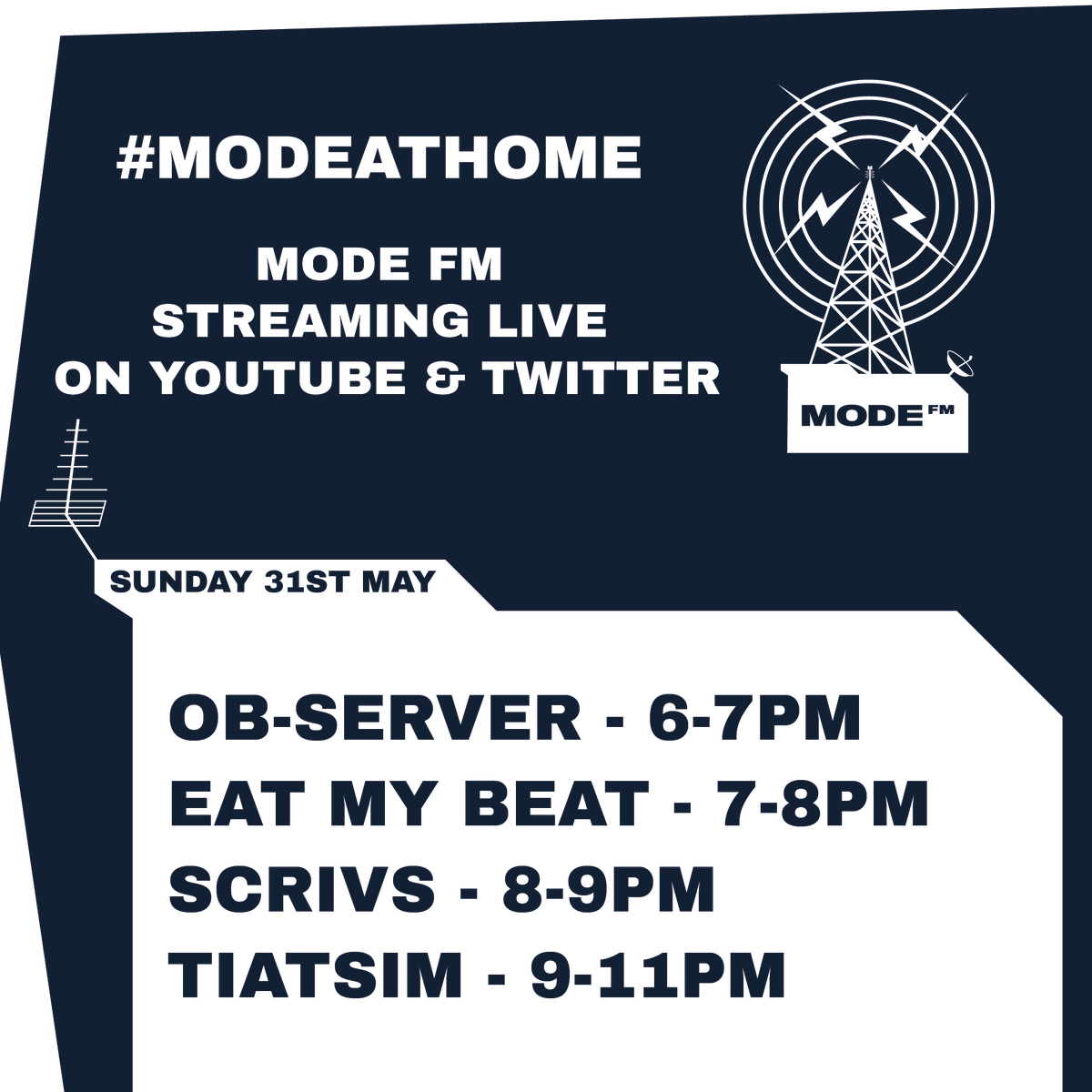 Moderadiolondon's tweet photo. #ModeAtHome is back tomorrow from 6PM with @Observerldn, @eatmyb3at, @Scrivsmusic & @tiatsim
You can tune in via the Mode FM Youtube or Twitter 📡 https://t.co/KWexP6VVDK