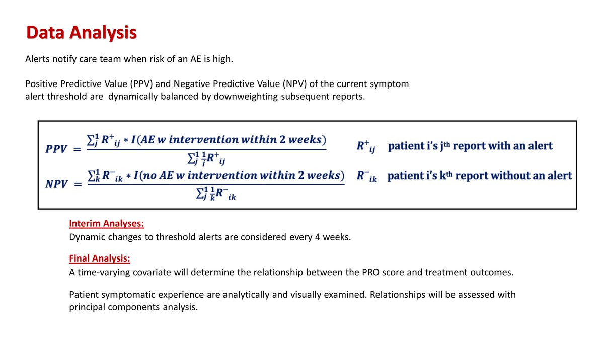 PavlosMsaouel's tweet image. 9/12 At the core of our design is this equation, which allows us to dynamically calculate the #positivepredictivevalue and the #negativepredictivevalue of our symptom alert thresholds using the statistical expertise of @ClaraOromendia and Mike Elashoff (bit.ly/2Xely0C)