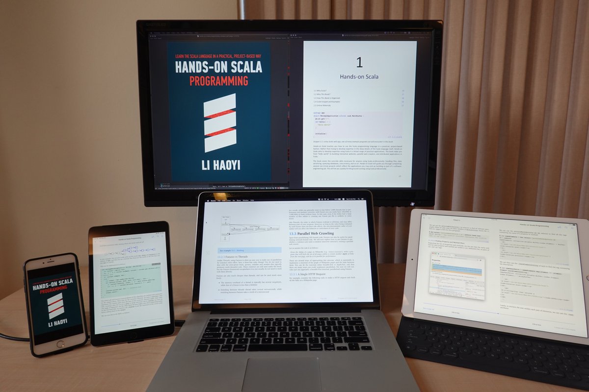 li_haoyi's tweet image. Just launched my book Hands-on #Scala Programming, available at handsonscala.com. You get 20 chapters, 413 pages, 129 executable code examples, 43 exercises with full solutions, 6 months of review by 20 reviewers, 10+ rounds of editing, 3 e-book formats
Check it out!