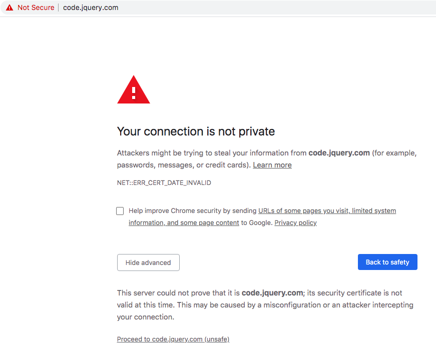 mortenbraten's tweet photo. Hmmm... the SSL certificate for https://t.co/goUMEvl3St is not valid or has expired... wonder how many gazillions of sites this breaks?! #jquery https://t.co/6BLgVb5J6d