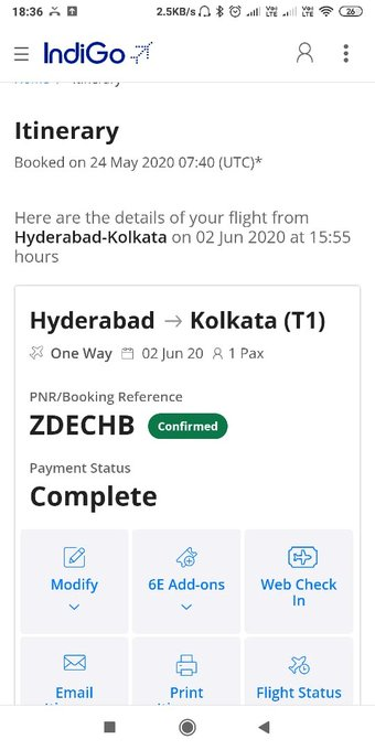 SunandaSSinha's tweet photo. How @IndiGo6E harassing customers during #CoronaCrisis!

Booked ticket for HYD-CCU on 2/06.
Today they mailed- flight cancelled due to #COVID19 restrictions. No cust-care support.

But, booking for 02/06 is still on!!!
So, ticket-price was the real issue?
@HardeepSPuri @MoCA_GoI https://t.co/qsRW5nfzqU