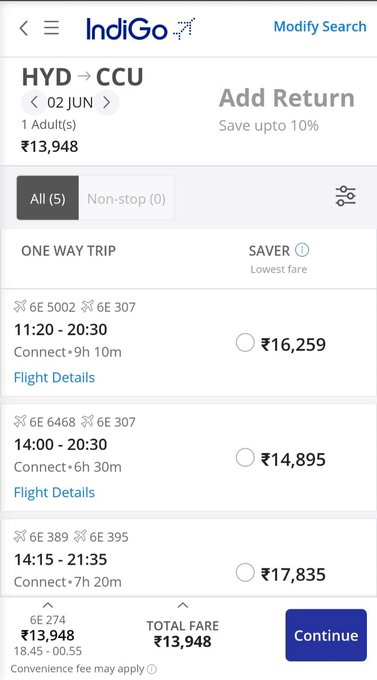 SunandaSSinha's tweet photo. How @IndiGo6E harassing customers during #CoronaCrisis!

Booked ticket for HYD-CCU on 2/06.
Today they mailed- flight cancelled due to #COVID19 restrictions. No cust-care support.

But, booking for 02/06 is still on!!!
So, ticket-price was the real issue?
@HardeepSPuri @MoCA_GoI https://t.co/qsRW5nfzqU