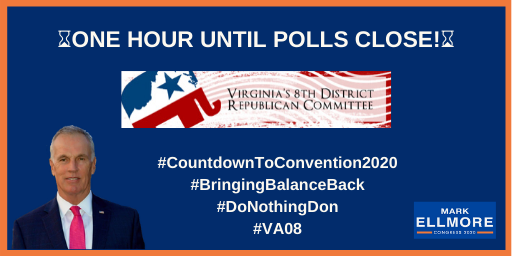 mark_ellmore's tweet photo. THERE'S JUST ONE HOUR LEFT until polls close at the @VA8GOP 2020 Convention!

Delegates: Make sure you stop by the Waterford in Springfield NOW to cast your ballot if you haven't already!

#CountdownToConvention2020 #BringingBalanceBack #VA08 https://t.co/5KMsFG4eOn