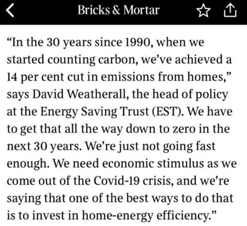 D_R_Weatherall's tweet photo. Very pleased to be quoted in @thetimes today making the carbon, economic and covid-recovery case for home energy efficiency. ( before anyone points it out, 14% figure is actually all buildings not just homes, prob my mistake, but the point stands!) https://t.co/dsSer6hPMq