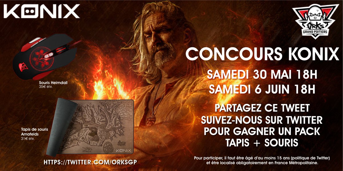 [Concours Konix]
La Horde s'est rendue en terre Viking pour vous faire gagner une souris et son tapis Konix. Le Valhalla n'est plus si loin !

Comment faire ?
✔️ Suivre <a href="/orKsGP/">orKs Grand Poitiers</a> et <a href="/KonixInteract/">Konix</a> 
🔄 RT ce tweet
⏰ TAS 05/06 19h !

Plus de détails ici : orks.fr/concours-konix/