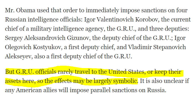 2/ there are two separate issues.A) Did Flynn and Kislyak "discuss" sanctions against FSB and GRU? B) perhaps more importantly, everyone to date (including both me and NYT) viewed sanctions against FSB and GRU as "symbolic"  http://archive.is/n1kjG , whereas Kislyak interpreted