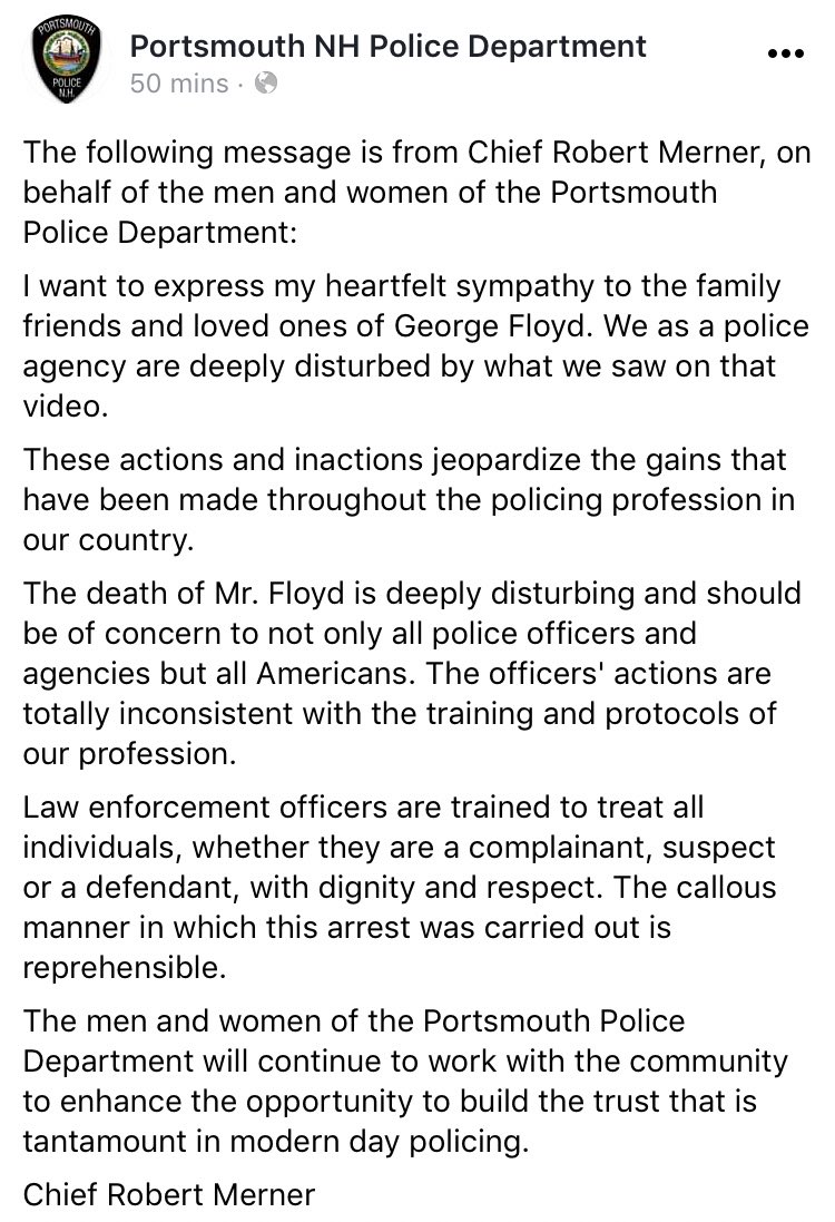 Statement from Chief Robert Merner and the Portsmouth Police Department on the death of #GeorgeFloyd. <a href="/seacoastonline/">Seacoastonline.com</a>