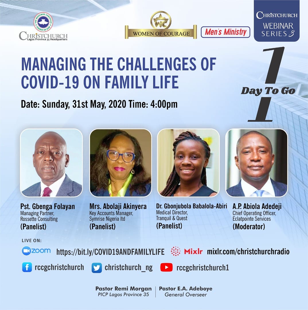 ChristChurch_NG's tweet photo. It is tomorrow...
Join the Men's Ministry of Christ church for an online session at 4:00 pm titled...
Managing the challenges of Covid19 on family life.
See you by 4:00 pm tomorrow
God bless you
#RCCGChristchurch
#rccg #familylife❤️ #Covid19andfamilylife #ChristChurchCares https://t.co/f9FLM8BzOS