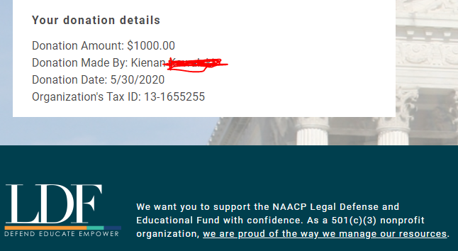 Poofesure's tweet photo. i do stand with the people who are protesting for justice for george floyd and overall equality in our country. with that, i have contributed $1,000.00 to the NAACP Legal Defense and Educational fund that helps ensure racial equality in our justice system #BlackLivesMatter https://t.co/n9DLqq7HDw
