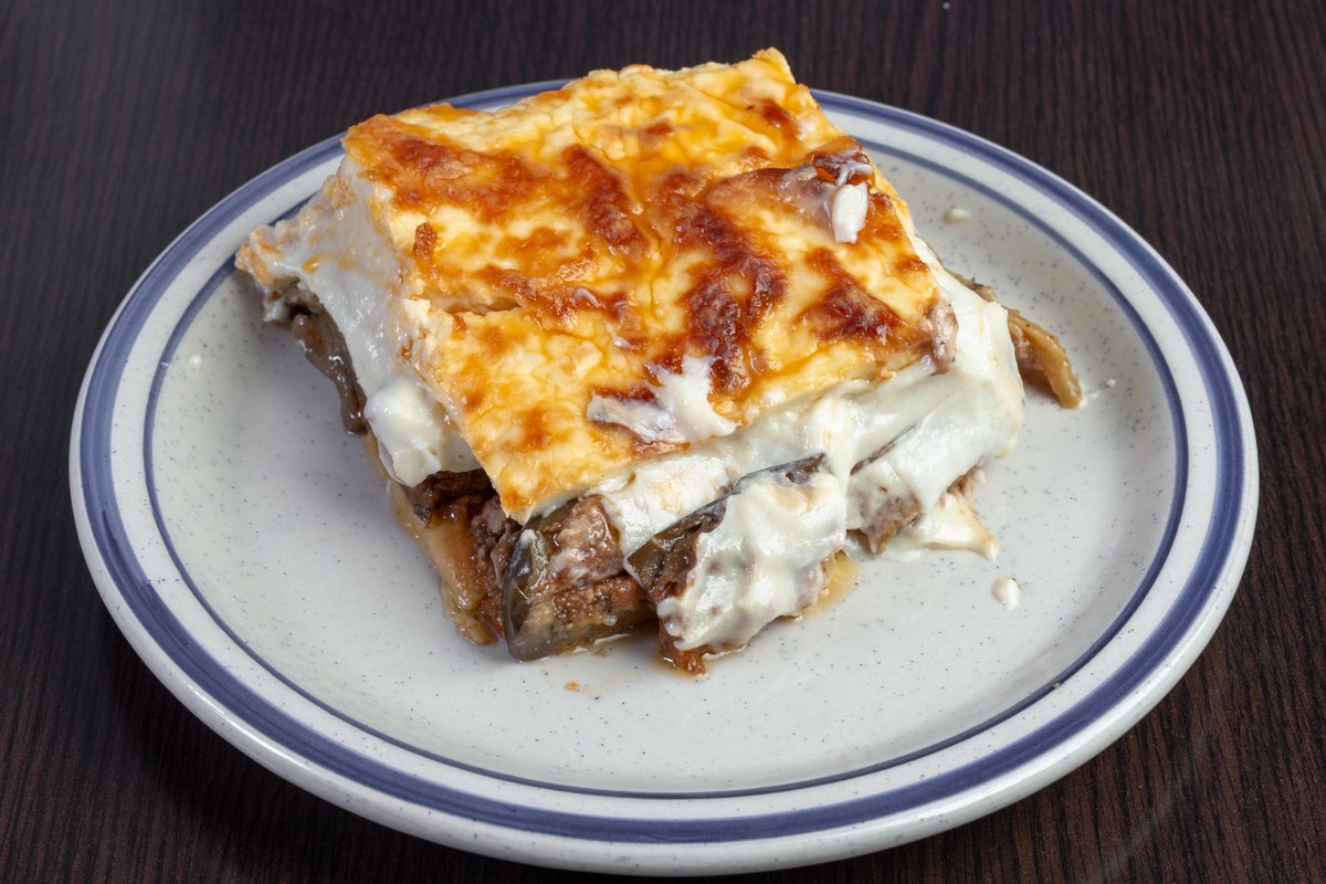 Moussaka! This plate definitely does not photograph well, but I promise it has a strong personality! 

Made fresh in house with layers of baked eggplant, potatoes, fresh herbs, and ground lamb. Topped with a creamy Béchamel sauce.  

Order online at order.tgsh.ca