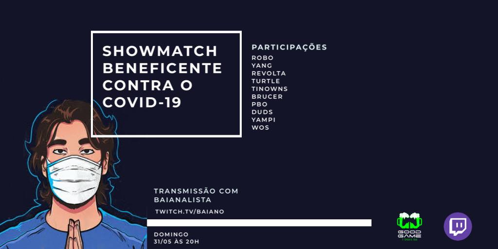 Neste domingo (31), às 20h, vai rolar uma LIVE beneficente contra o COVID-19 na live do <a href="/baianolol1/">Baiano</a>.

Um showmatch com estrelas do LoLzin, e contamos com a sua participação.

Vamos arrecadar fundos para confecções de máscaras que serão doadas a um hospital.

RT da divulgação ❤