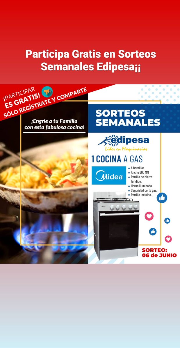 edipesaperu's tweet photo. 🚨📣6to SORTEO SEMANAL GRATIS📣🚨
#SorteosSemanalesEdipesa. En esta nueva oportunidad será 1 COCINA A GAS DE 4 HORNILLAS - MI IDEA.
✅ Dar Me Gusta y Compartir esta publicación (MUY IMPORTANTE).
✅ Llenar el sexto formulario👉https://t.co/tSMAvn4Ugd https://t.co/AosQYtRnQw