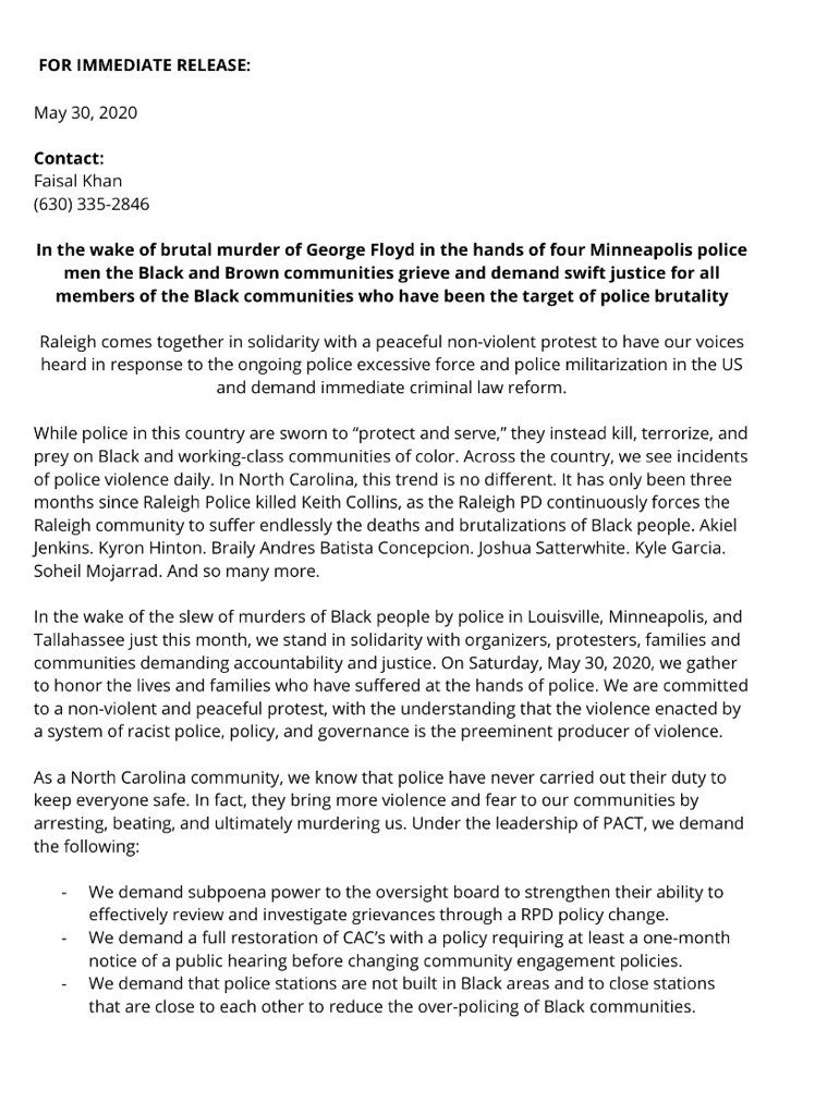 The promo materials and this press release, provided to me by  @zainab4raleigh, show a concrete set of demands from organizers involved with this demonstration emphasizing police accountability and community power