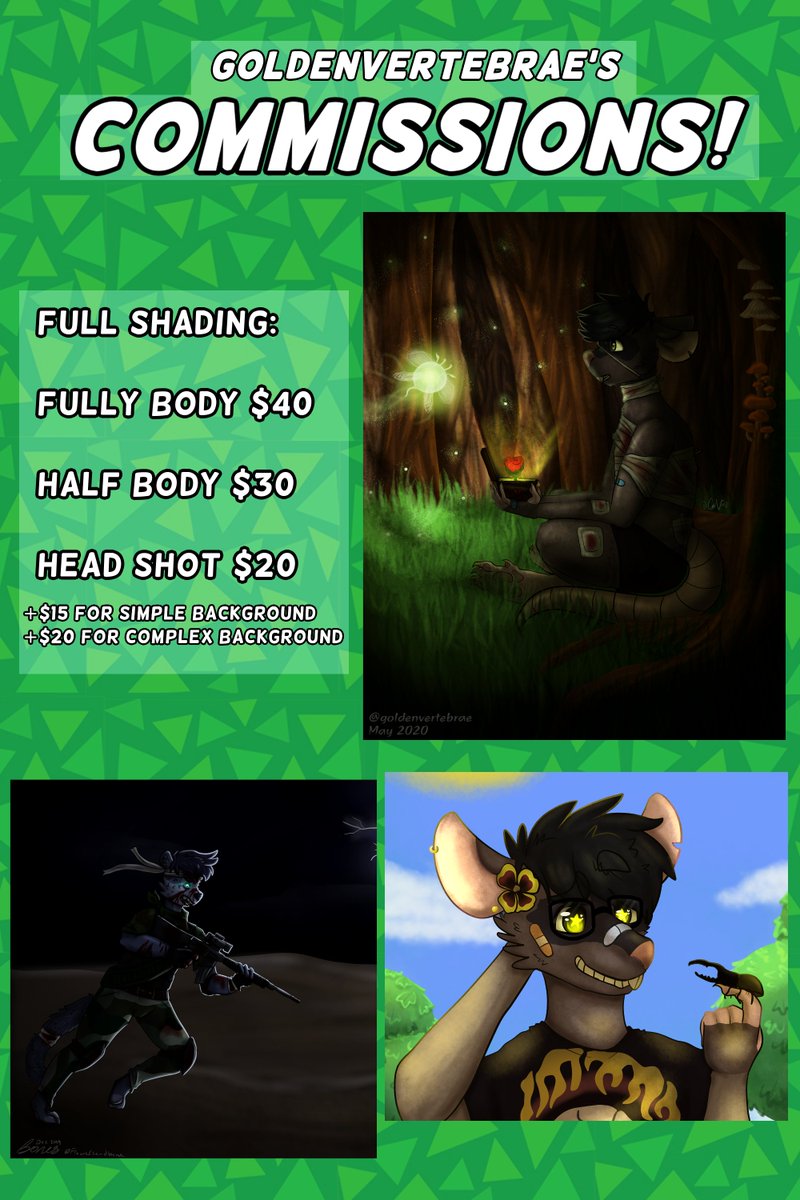 goldenvertebrae's tweet photo. Hey!!!! I'm opening up commissions now so that I can pay for next years tuition at collage :3 Here are my prices and such! If you have any questions feel free to ask. https://t.co/vlUI8RJlQ3