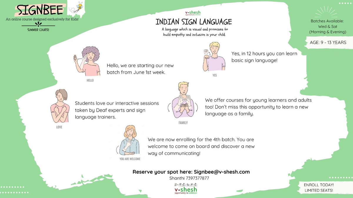 vsheshco's tweet photo. Welcome to #SignBee : A Summer Course for Kids!

Do you know that learning Sign Language gives the brain a good workout, it keeps mind sharp, helps to become a good listener and improves our body language skills? 

Follow thread for more details 
@iKanchanKashyap @rajavshesh https://t.co/1ioq5nCmQC