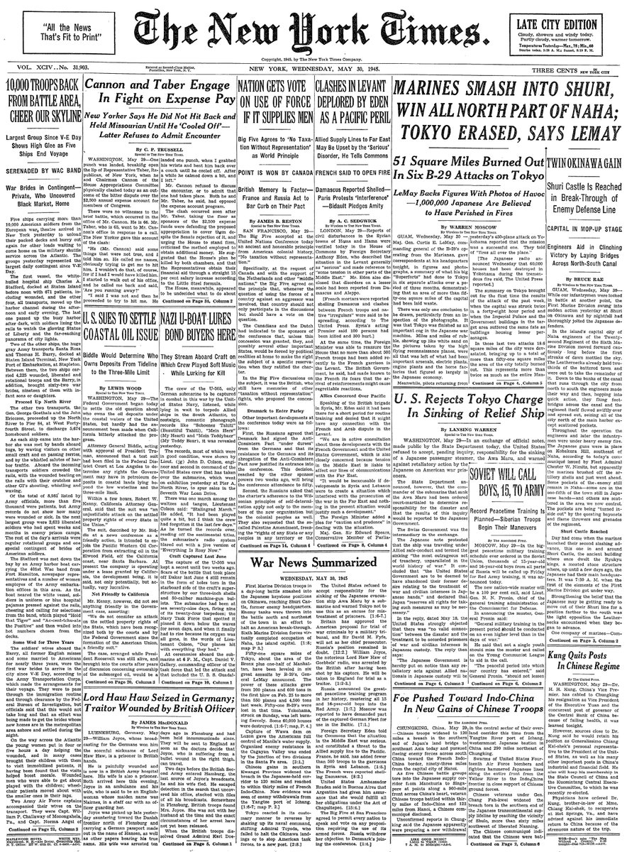 May 30, 1945: Marines Smash Into Shuri, Win All North Part of Naha; Tokyo Erased, Says Lemay  https://nyti.ms/2zK22QN 